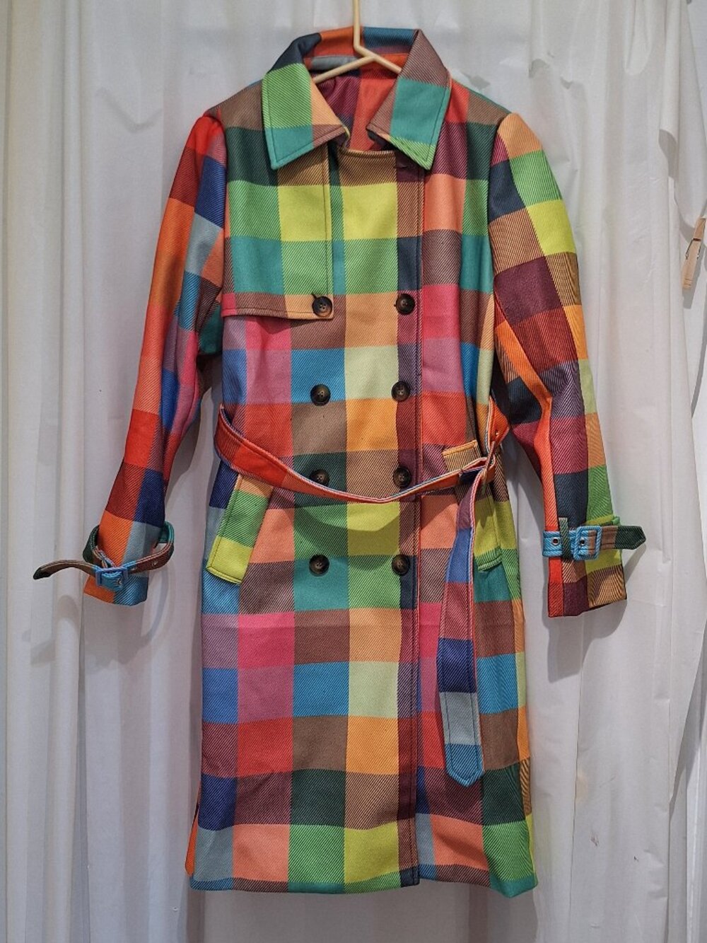 Double Breasted Trench Coat Size Small NWOT  Plaid Multi Color Print